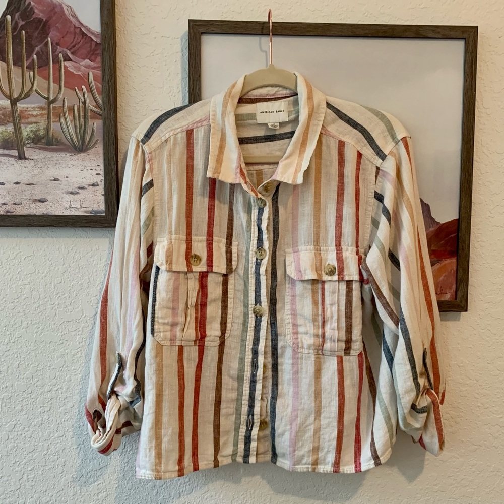AE Striped Cropped Button-up Shirt